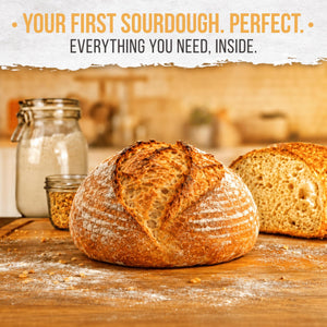TheWarmUp Sourdough Starter Kit for Beginners with Baking Course & Video Guides, Large 40 oz Glass Jar, 10" Oval and 9" Round Bannetons, Danish Whisk, Lame, Dough & Bowl Scraper, 16 Stencils