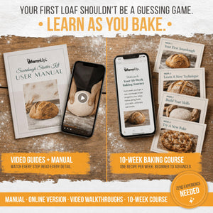 TheWarmUp Sourdough Starter Kit for Beginners with Baking Course & Video Guides, Large 40 oz Glass Jar, 10" Oval and 9" Round Bannetons, Danish Whisk, Lame, Dough & Bowl Scraper, 16 Stencils