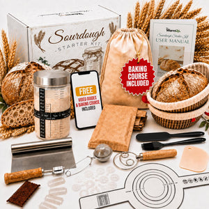 TheWarmUp Sourdough Starter Kit for Beginners with Baking Course & Video Guides, Large 40 oz Glass Jar, 10" Oval and 9" Round Bannetons, Danish Whisk, Lame, Dough & Bowl Scraper, 16 Stencils