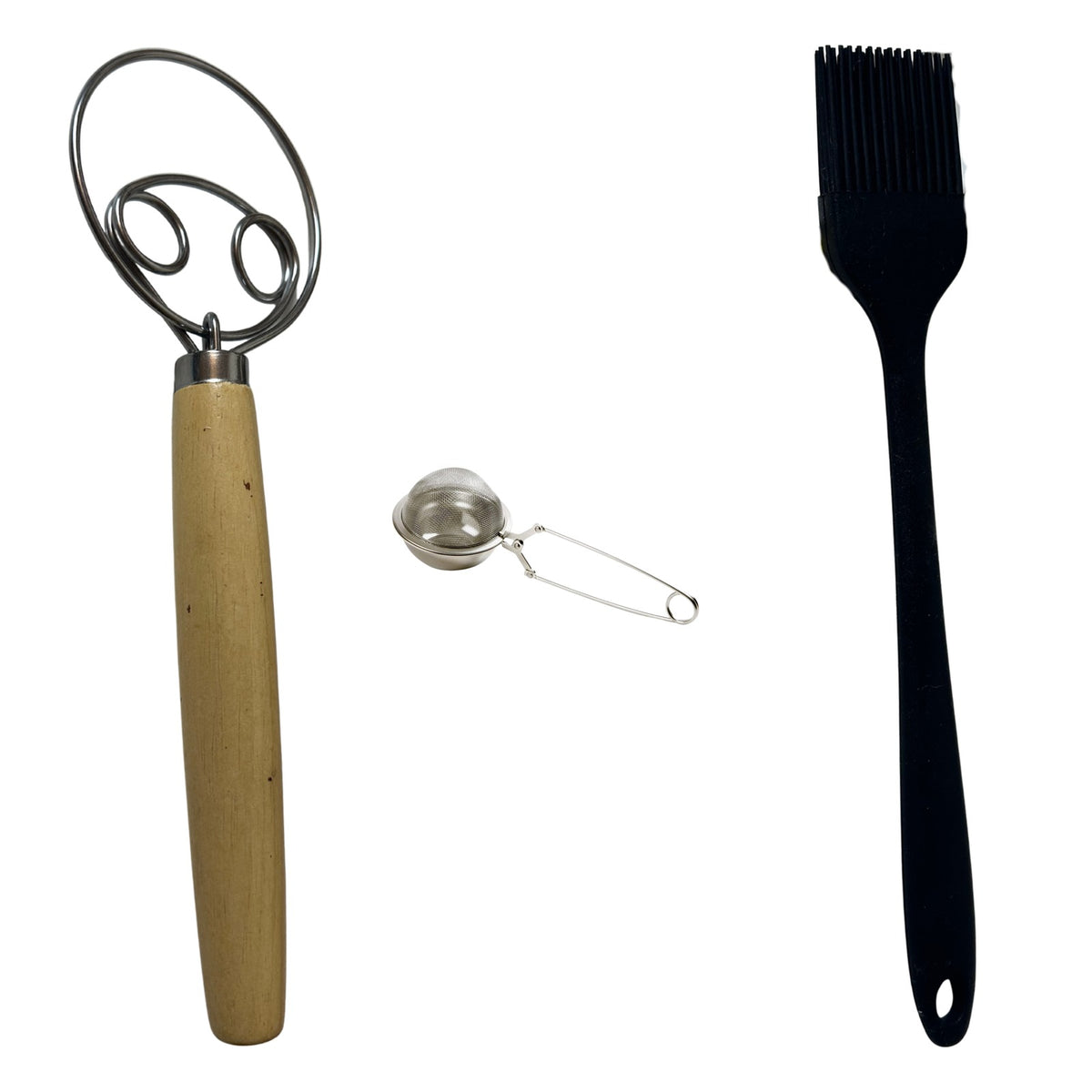 Dough whisk, flour duster, silicone spatula & brush